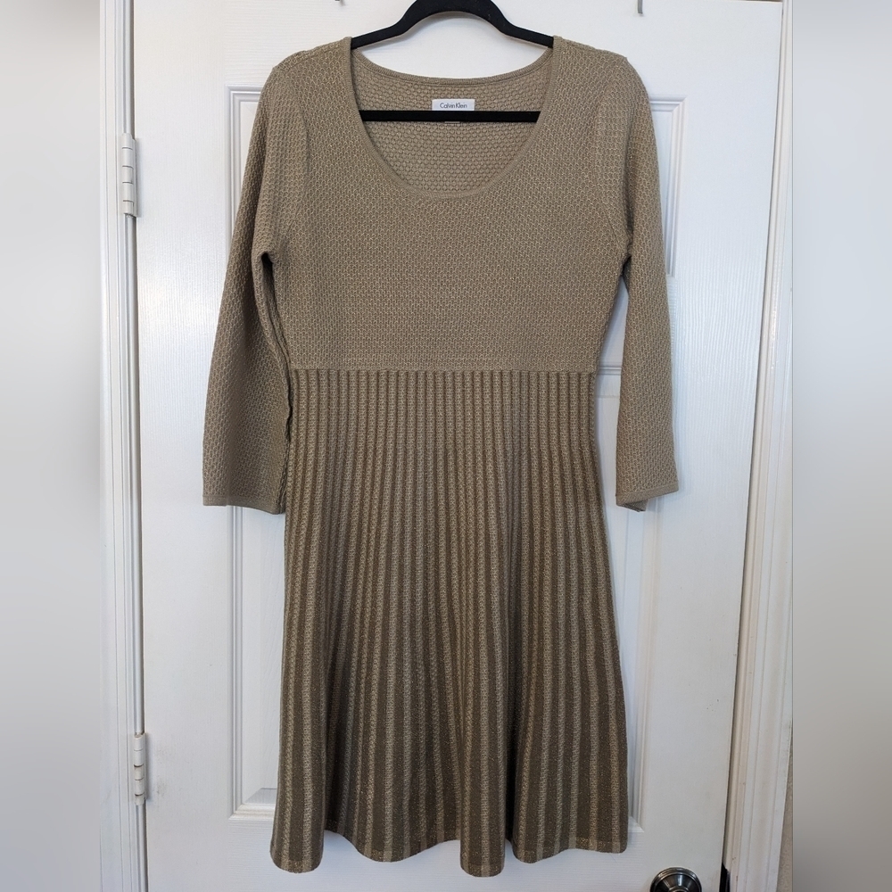 CALVIN KLEIN 3/4 Sleeve Metallic Aline Sweater Dress